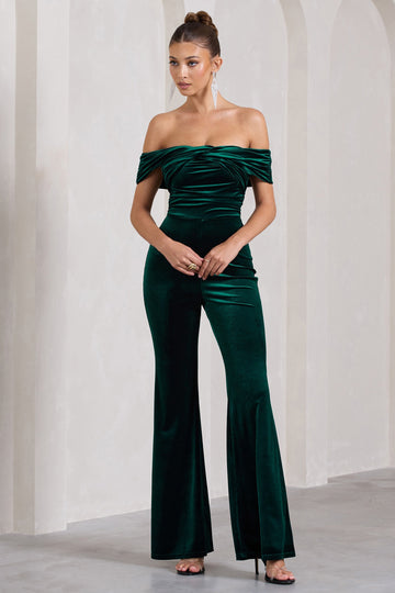 Recognition Bottle Green Velvet Twisted Bardot Wide-Leg Jumpsuit